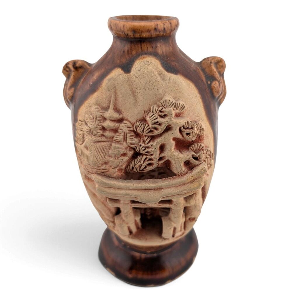 Vintage Japanese Banko Ware Relief Vase Pagoda Landscape Made in Japan 4"